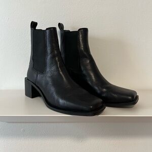 Black Square Toe Block-Heel Chelsea Boots